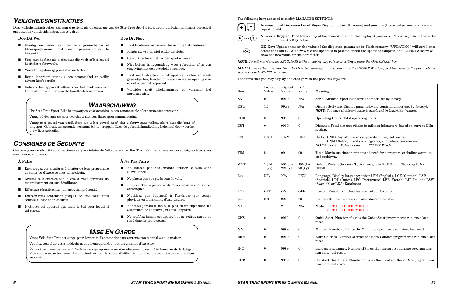 Eiligheidsinstructies, Onsignes de, Ecurite | Aarschuwing, Arde | Star Trac UB Sport Upright Bike User Manual | Page 31 / 36