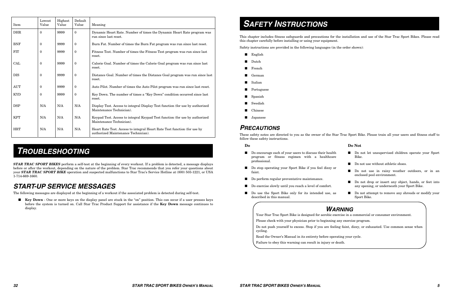 Roubleshooting, Afety, Nstructions | Start-up service messages, Recautions, Arning | Star Trac UB Sport Upright Bike User Manual | Page 32 / 36