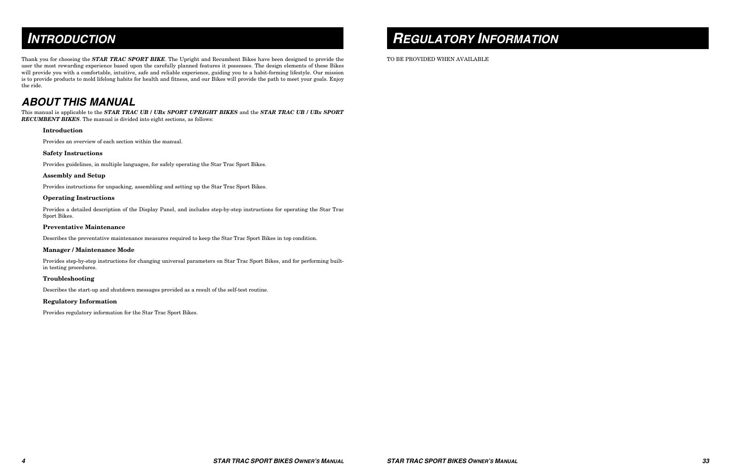 Ntroduction, Egulatory, Nformation | About this manual | Star Trac UB Sport Upright Bike User Manual | Page 33 / 36