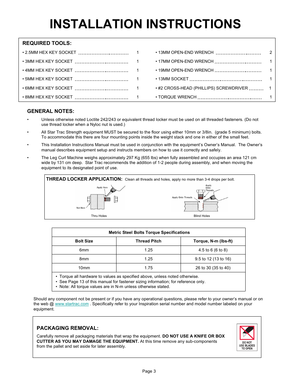 Installation instructions, Packaging removal | Star Trac LEG CURL IP-S1315 User Manual | Page 3 / 14