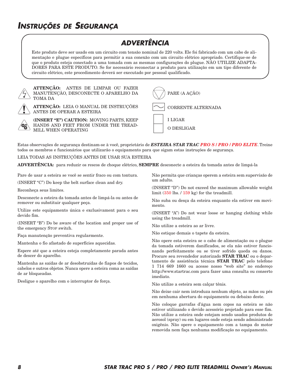 Advertência, Nstruções de, Egurança | Star Trac Pro S User Manual | Page 10 / 60