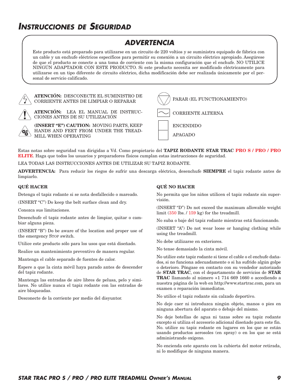 Advertencia, Nstrucciones de, Eguridad | Star Trac Pro S User Manual | Page 11 / 60