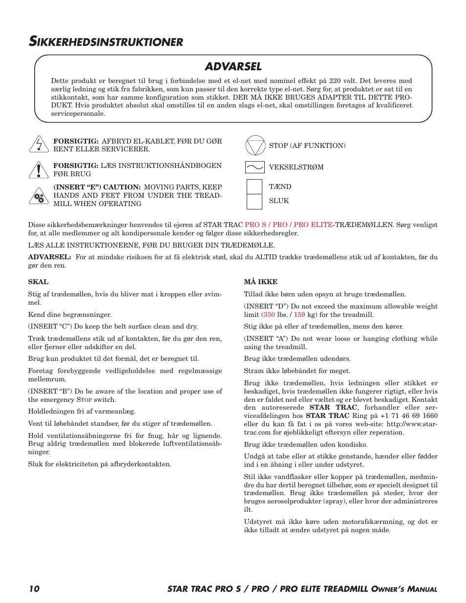 Advarsel, Ikkerhedsinstruktioner | Star Trac Pro S User Manual | Page 12 / 60