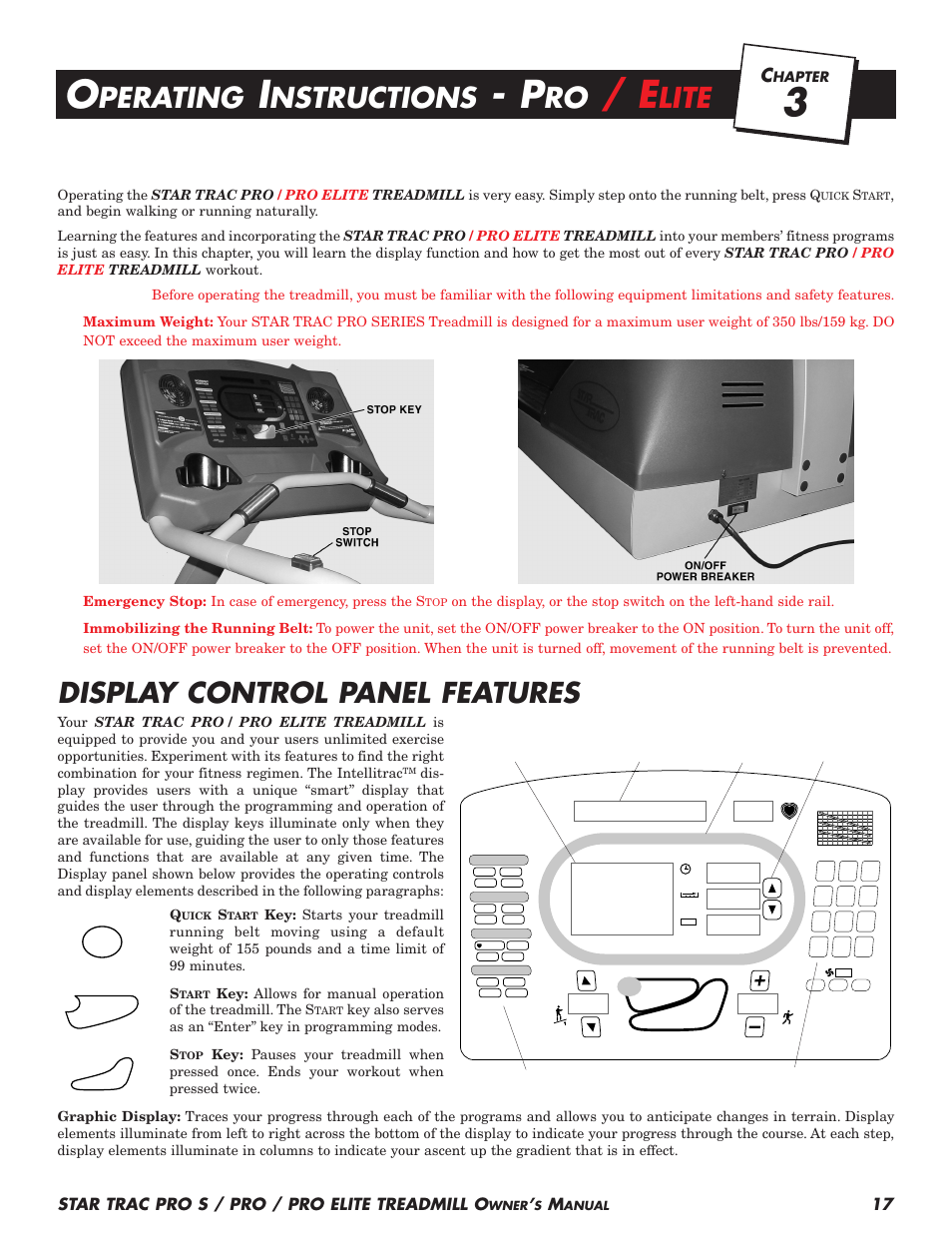Display control panel features, Perating, Nstructions | Lite, Star trac pro s / pro / pro elite treadmill o, Emergency stop: in case of emergency, press the s, Hapter | Star Trac Pro S User Manual | Page 19 / 60