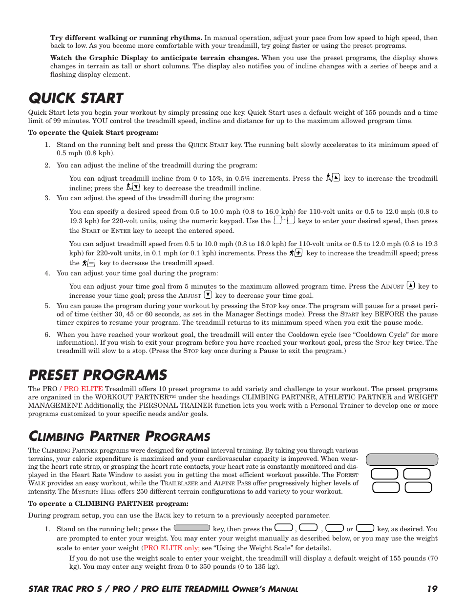 Quick start, Preset programs, Limbing | Artner, Rograms | Star Trac Pro S User Manual | Page 21 / 60