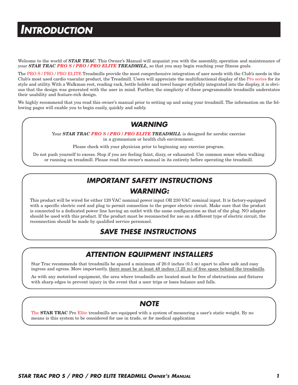 Ntroduction, Warning, Important safety instructions warning | Star Trac Pro S User Manual | Page 3 / 60