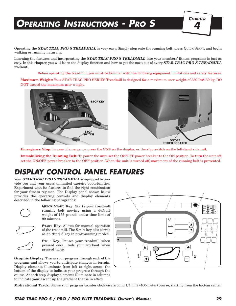 Display control panel features, Perating, Nstructions | Star trac pro s / pro / pro elite treadmill o | Star Trac Pro S User Manual | Page 31 / 60