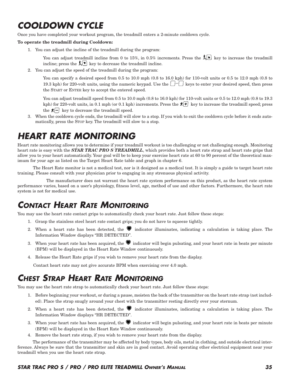 Cooldown cycle, Heart rate monitoring, Ontact | Eart, Onitoring, Hest, Trap | Star Trac Pro S User Manual | Page 37 / 60