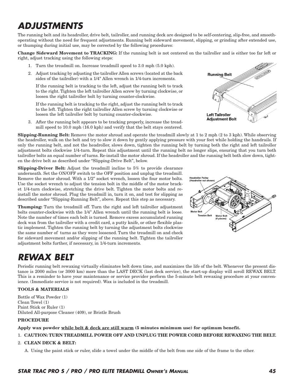 Adjustments, Rewax belt | Star Trac Pro S User Manual | Page 47 / 60