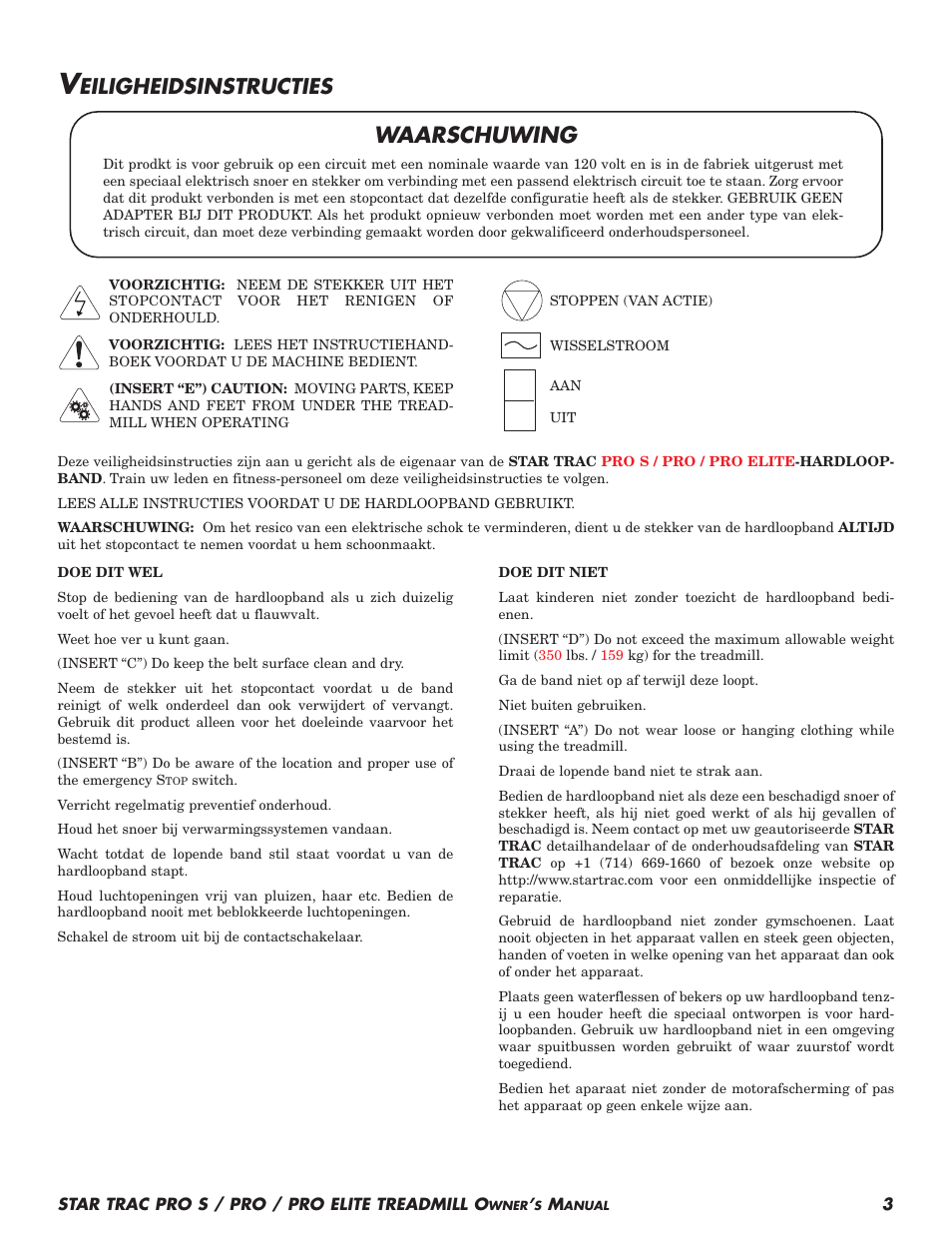 Waarschuwing, Eiligheidsinstructies | Star Trac Pro S User Manual | Page 5 / 60