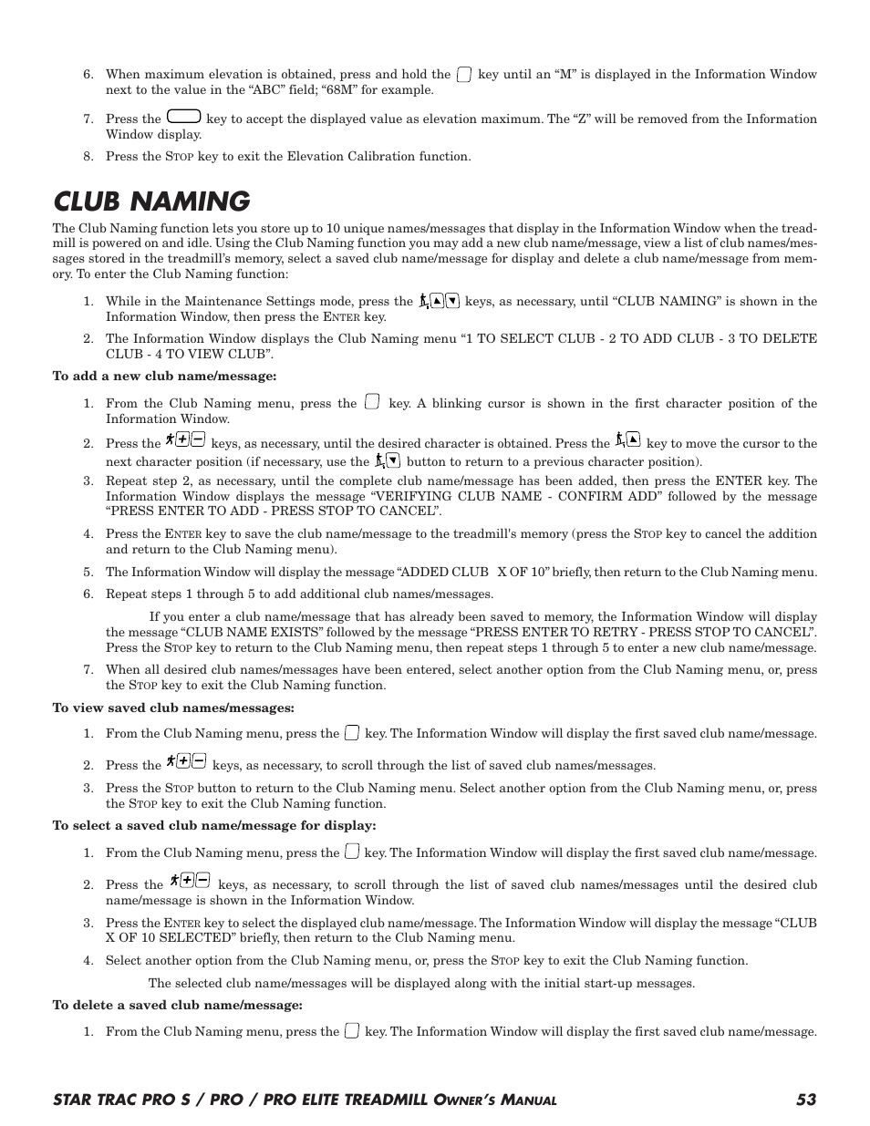 Club naming | Star Trac Pro S User Manual | Page 55 / 60