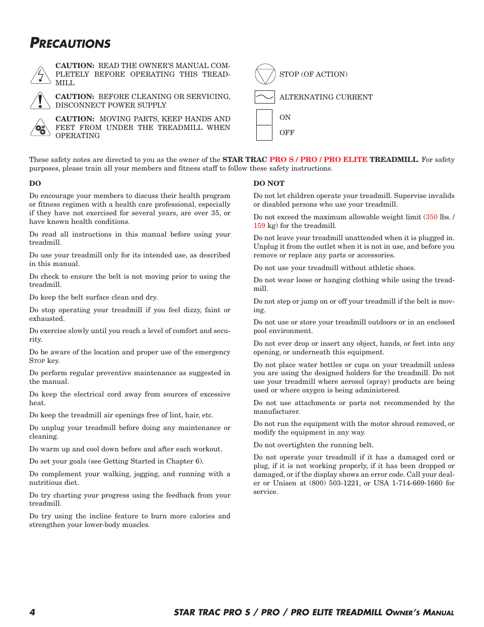 Recautions | Star Trac Pro S User Manual | Page 6 / 60