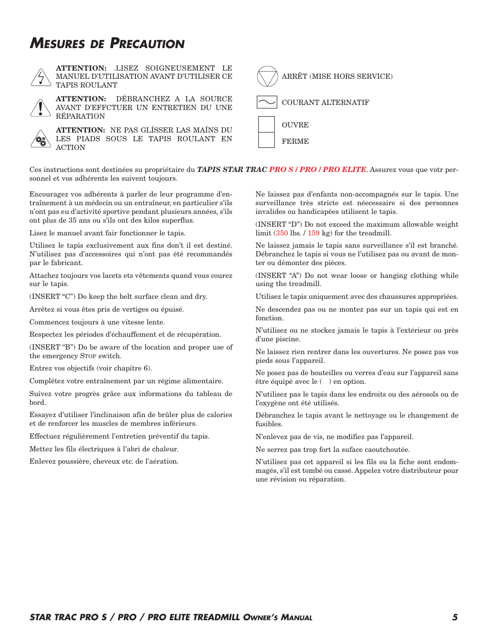 Esures de, Recaution | Star Trac Pro S User Manual | Page 7 / 60