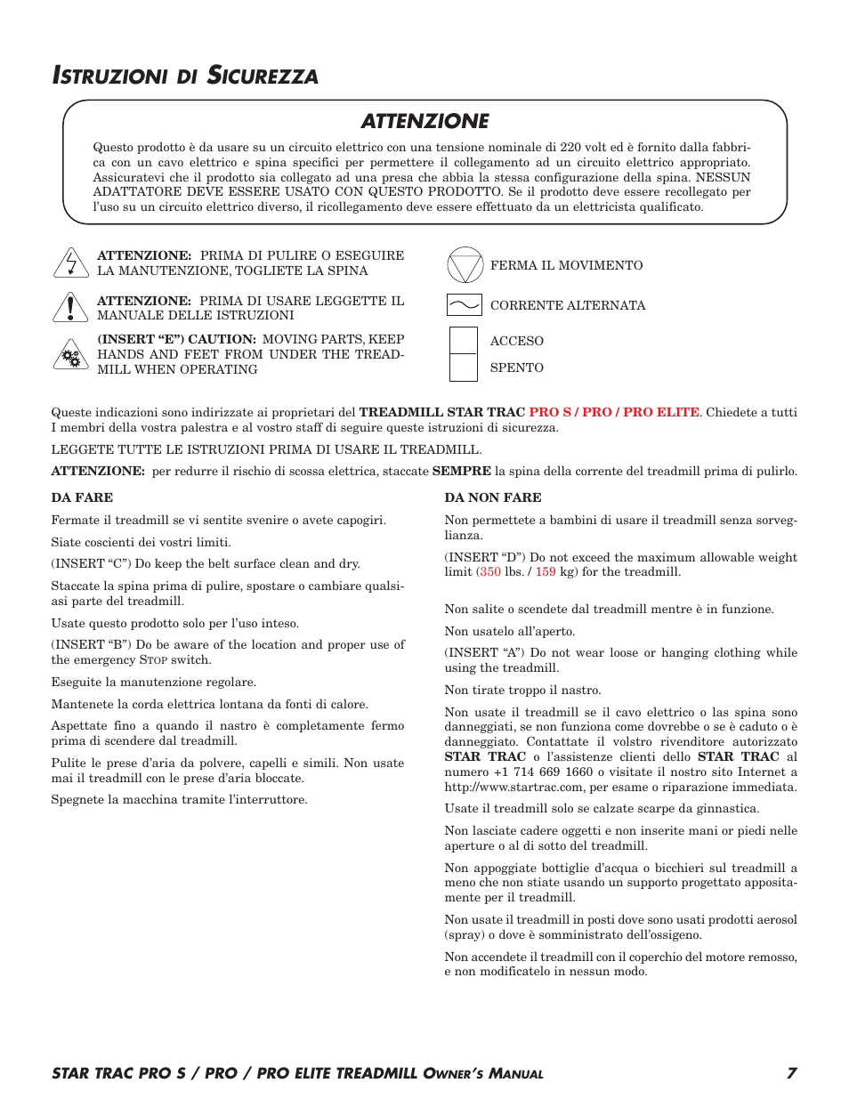 Attenzione, Struzioni di, Icurezza | Star Trac Pro S User Manual | Page 9 / 60