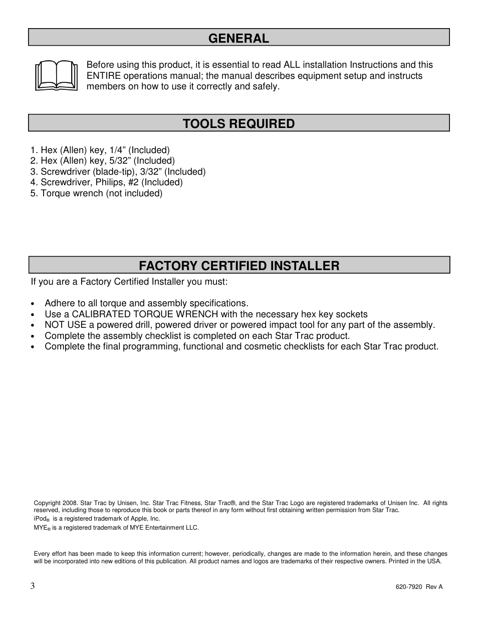 General, Tools required factory certified installer | Star Trac 620-7920 User Manual | Page 2 / 52