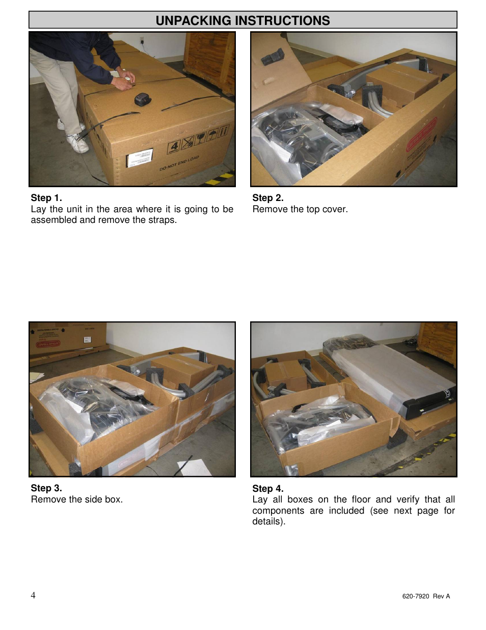 Unpacking instructions | Star Trac 620-7920 User Manual | Page 3 / 52