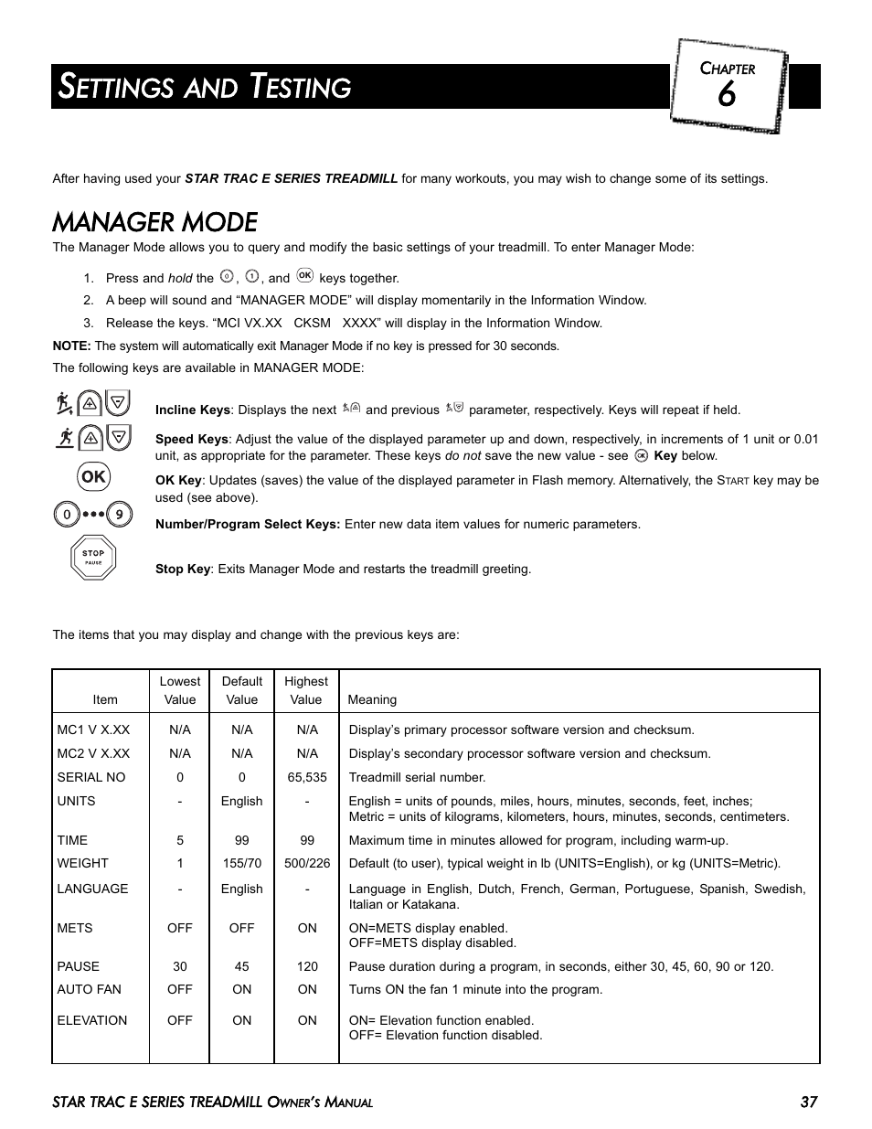 Manager mode, Ettings and, Esting | Star Trac 620-7920 User Manual | Page 47 / 52