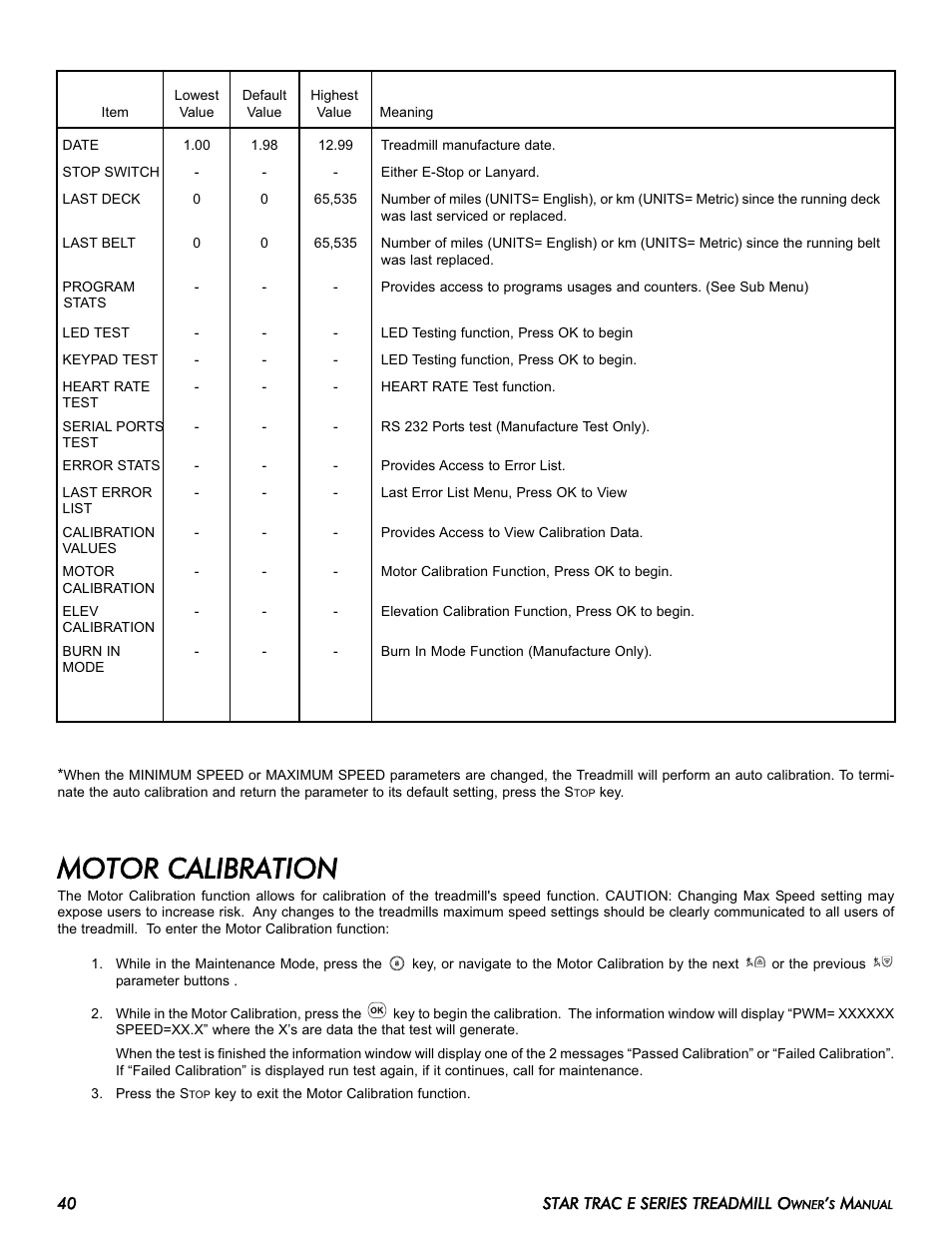 Motor calibration | Star Trac 620-7920 User Manual | Page 50 / 52