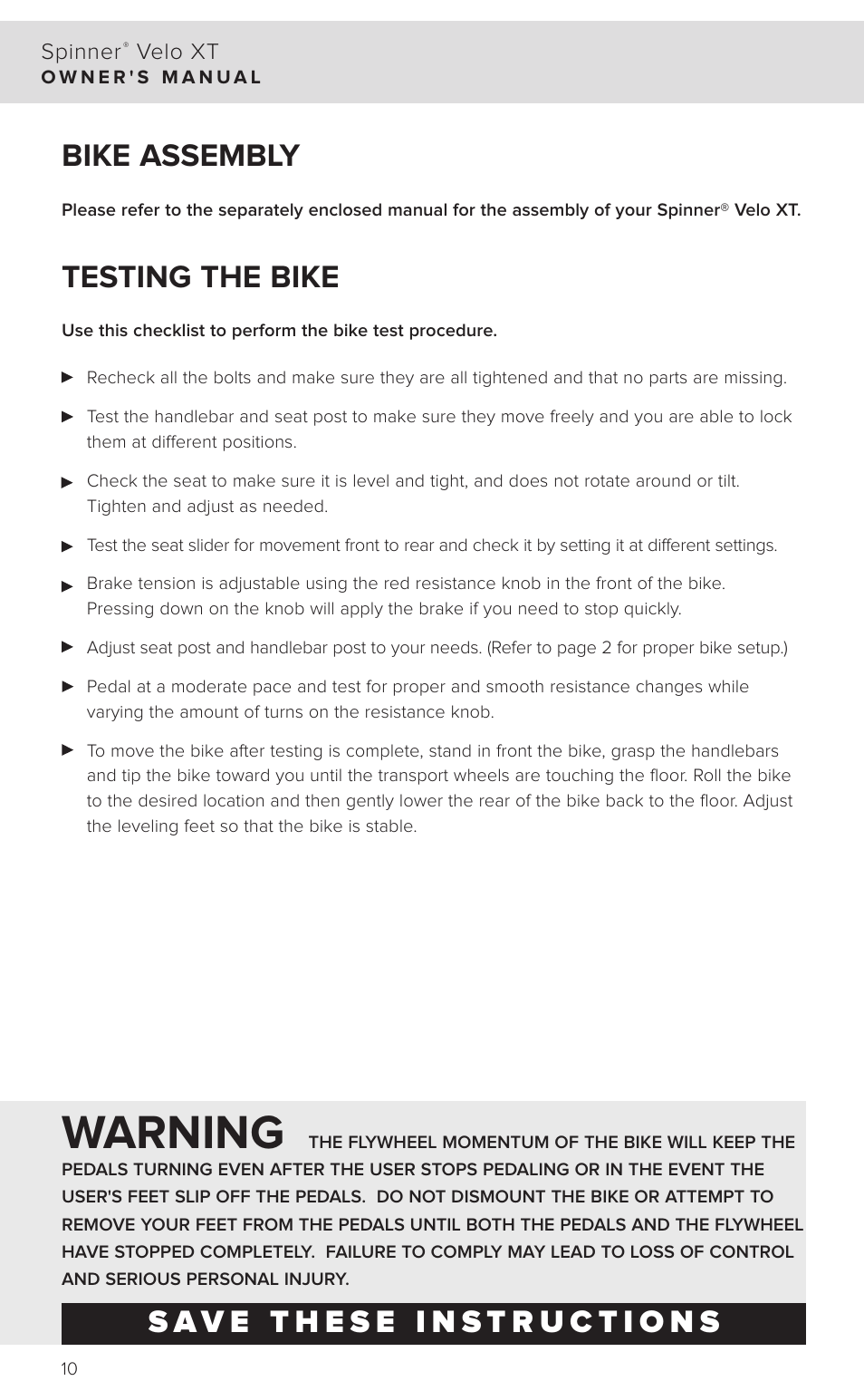Warning, Bike assembly, Testing the bike | Star Trac SPINNER 7040 User Manual | Page 12 / 16
