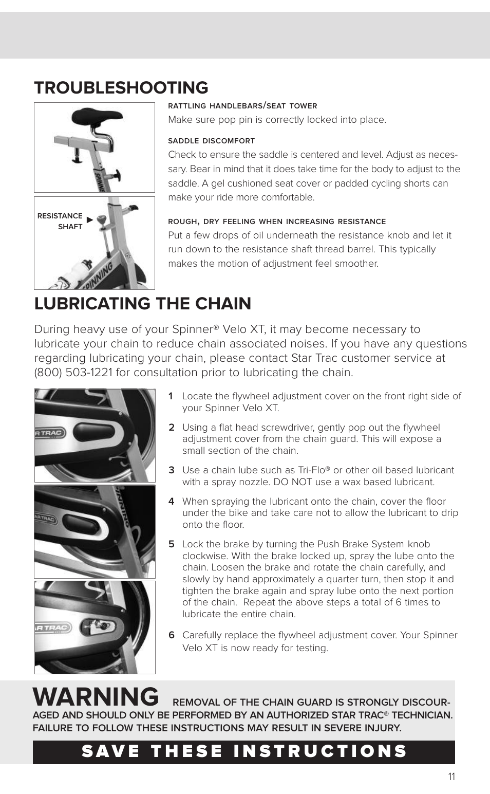 Warning, Lubricating the chain, Troubleshooting | Star Trac SPINNER 7040 User Manual | Page 13 / 16