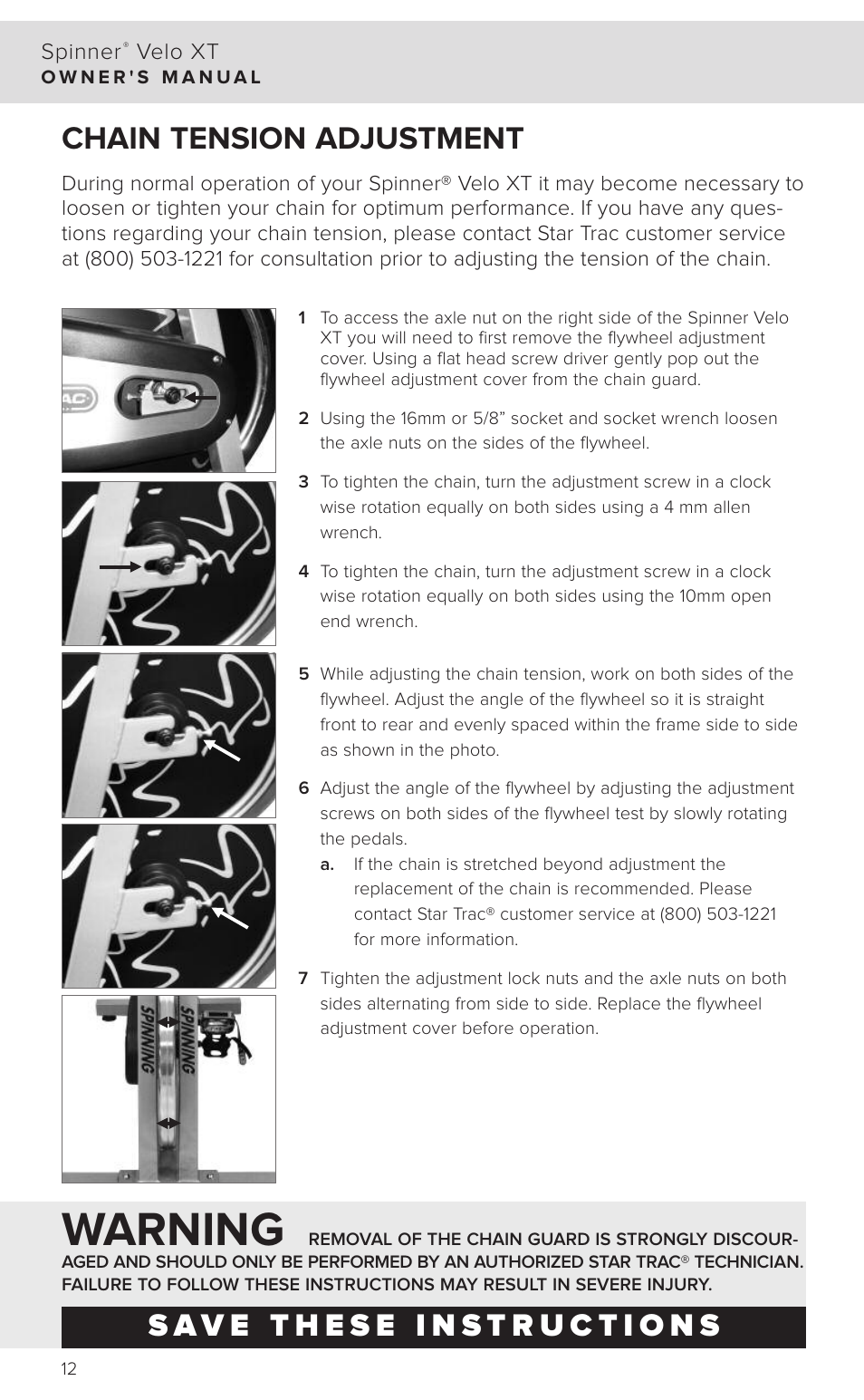 Warning, Chain tension adjustment | Star Trac SPINNER 7040 User Manual | Page 14 / 16