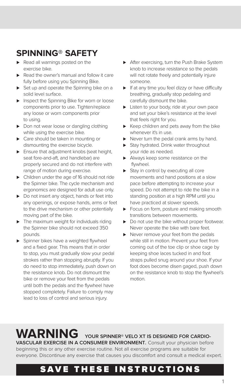 Warning | Star Trac SPINNER 7040 User Manual | Page 3 / 16