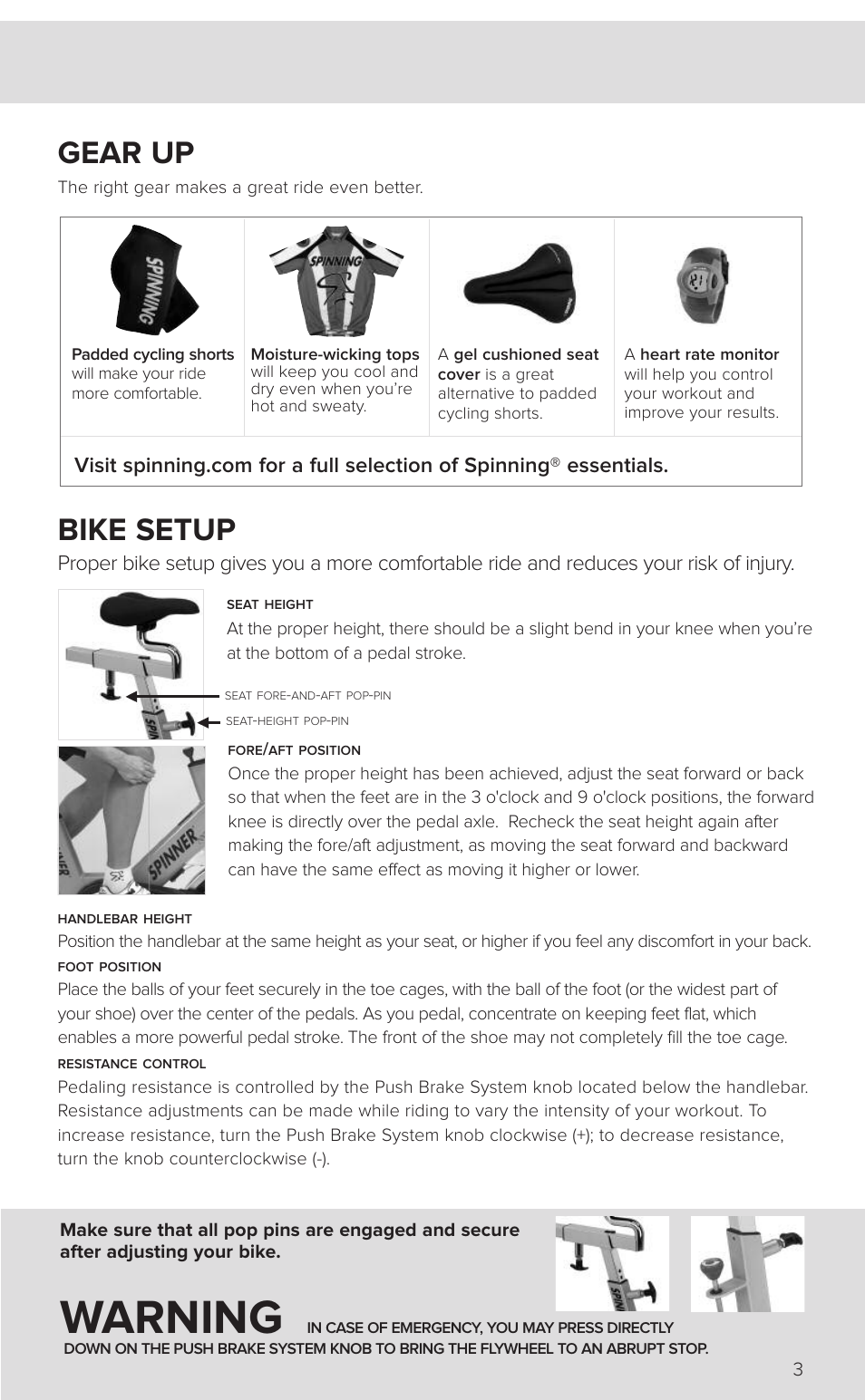 Warning, Gear up, Bike setup | Star Trac SPINNER 7040 User Manual | Page 5 / 16