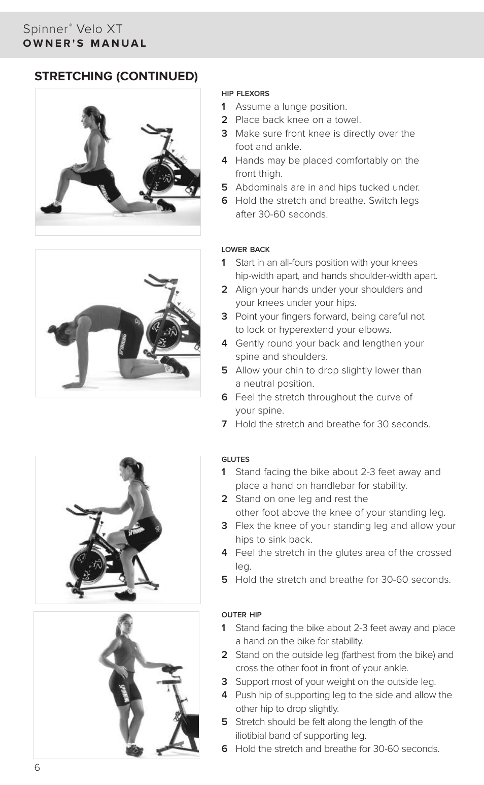 Spinner, Velo xt, Stretching (continued) | Star Trac SPINNER 7040 User Manual | Page 8 / 16