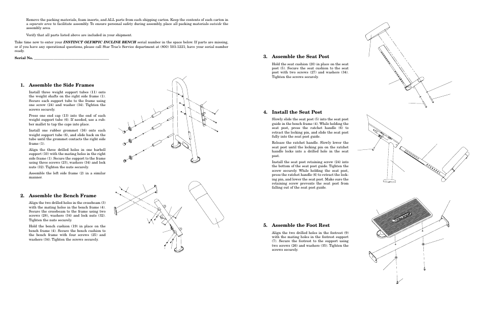 Assembly, Assemble the side frames, Assemble the bench frame | Assemble the seat post, Install the seat post, Assemble the foot rest | Star Trac Instinct Olympic Bench User Manual | Page 10 / 10