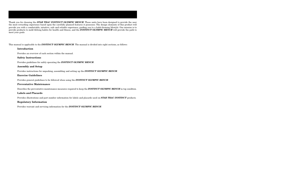 About this manual, Ntroduction | Star Trac Instinct Olympic Bench User Manual | Page 4 / 10