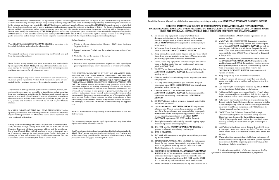 Afety, Nstructions, Arranty | Isclaimer | Star Trac Instinct Olympic Bench User Manual | Page 5 / 10