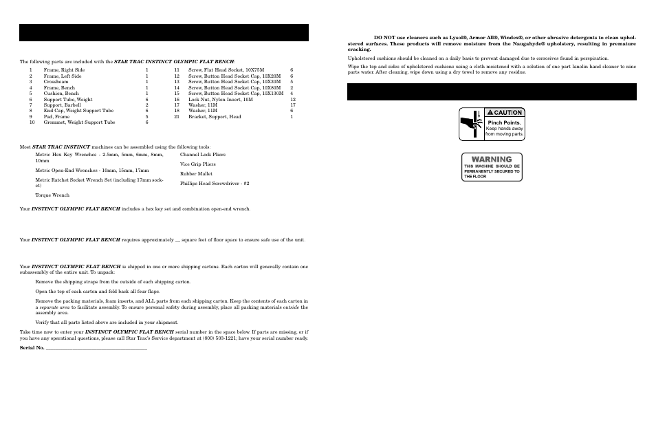 Parts and materials, Siting requirements, Unpacking | Ssembly and, Etup - o, Abels and, Lacards, Ools, Equired, Pholstery | Star Trac Instinct Olympic Bench User Manual | Page 6 / 10