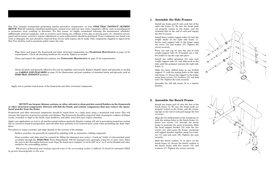 Maintenance schedule, Maintenance procedures f, Assembly | Reventive, Aily, Aintenance, Eekly, Uarterly, Ramework | Star Trac Instinct Olympic Bench User Manual | Page 7 / 10