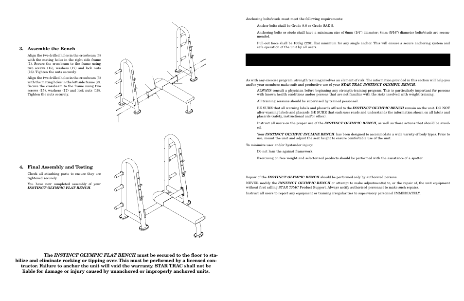 Anchoring, Xercise, Uidelines general guidelines | Product use and maintenance | Star Trac Instinct Olympic Bench User Manual | Page 8 / 10