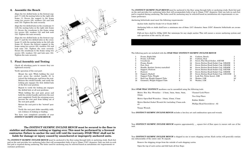 Anchoring, Ssembly and, Etup - o | Parts and materials, Siting requirements, Unpacking, Lympic, Ncline, Ench, Ools | Star Trac Instinct Olympic Bench User Manual | Page 9 / 10