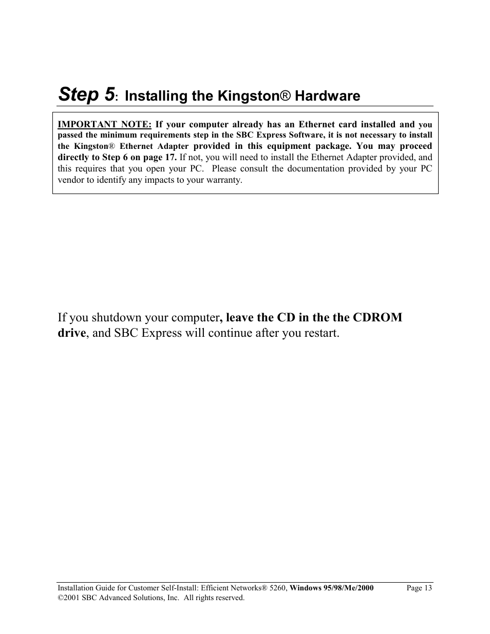Step 5, Installing the kingston ® hardware | SBC comm Windows 95/98/Me/2000 52609x02 User Manual | Page 14 / 27