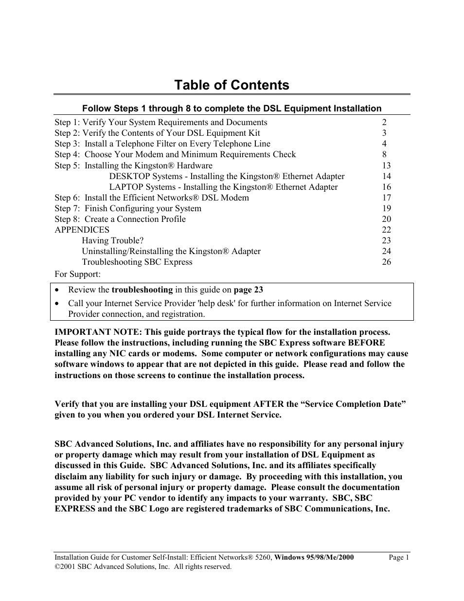 SBC comm Windows 95/98/Me/2000 52609x02 User Manual | Page 2 / 27