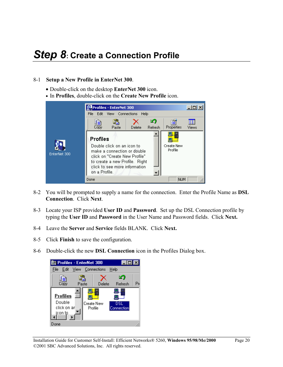 Step 8, Create a connection profile | SBC comm Windows 95/98/Me/2000 52609x02 User Manual | Page 21 / 27