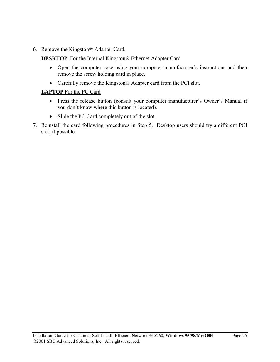 SBC comm Windows 95/98/Me/2000 52609x02 User Manual | Page 26 / 27