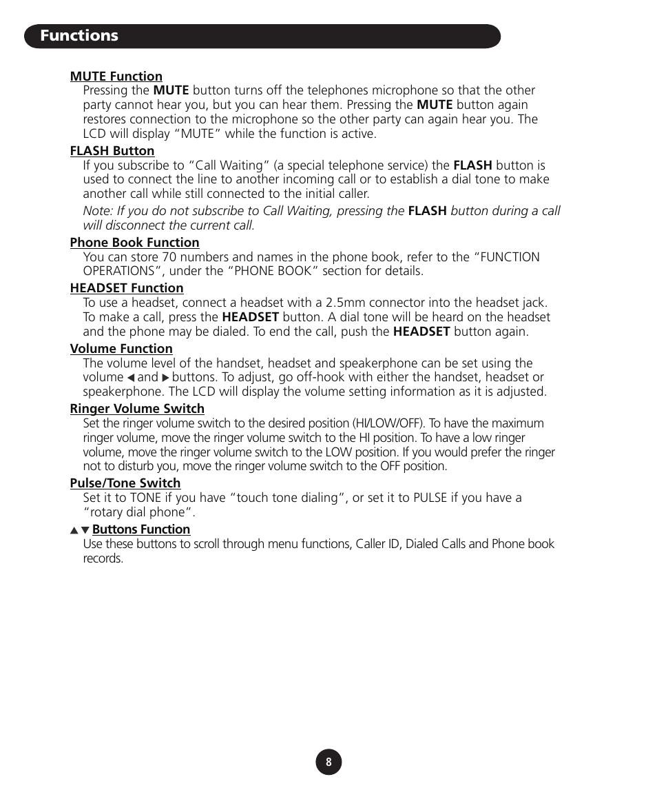 Functions | SBC comm SBC-116 User Manual | Page 10 / 20