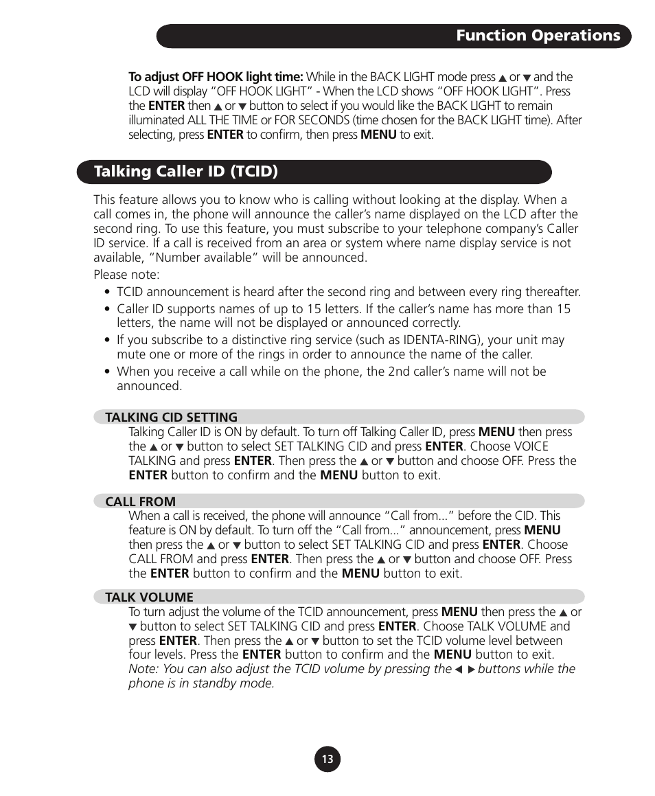 Function operations, Talking caller id (tcid) | SBC comm SBC-116 User Manual | Page 15 / 20