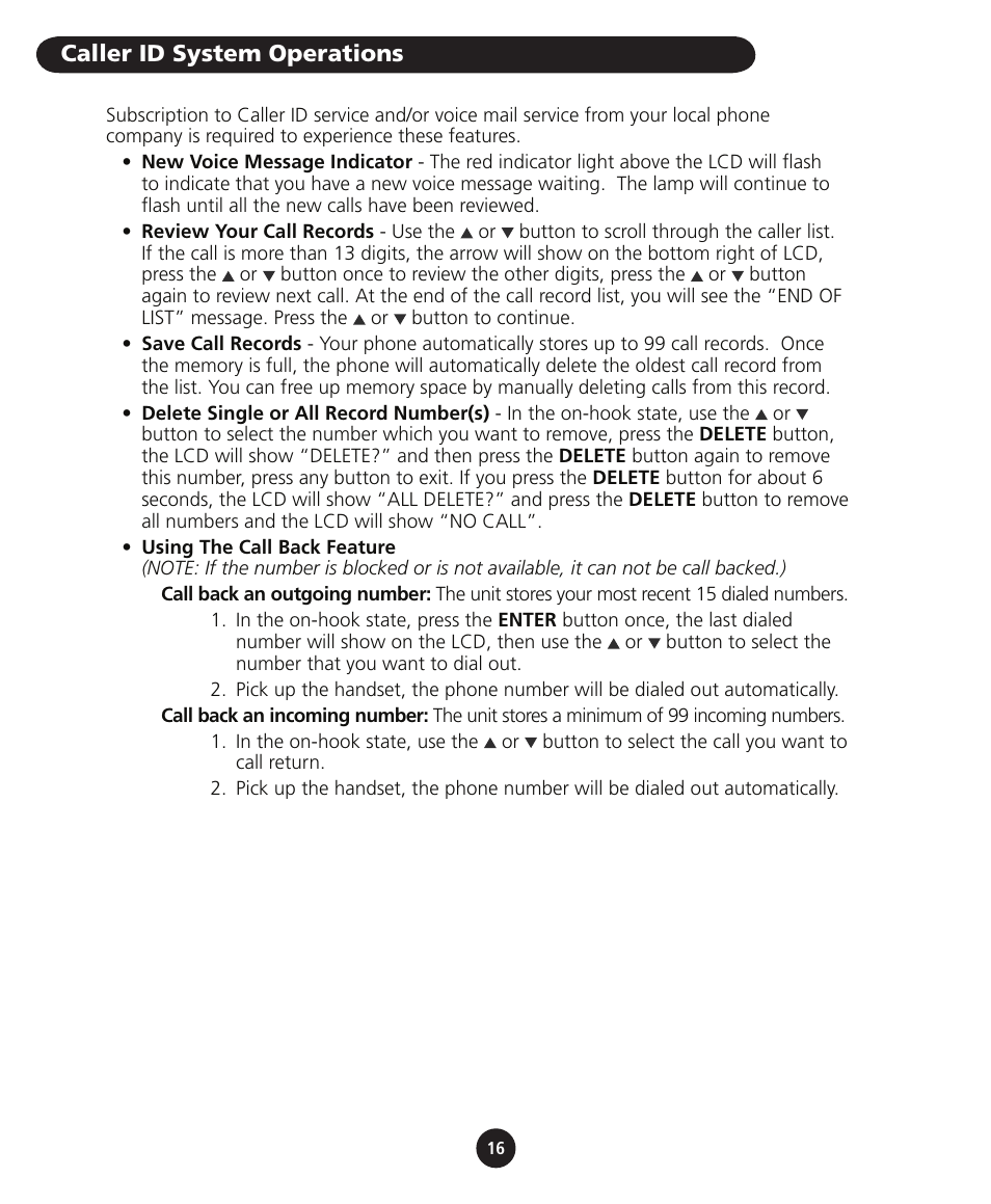 Caller id system operations | SBC comm SBC-116 User Manual | Page 18 / 20