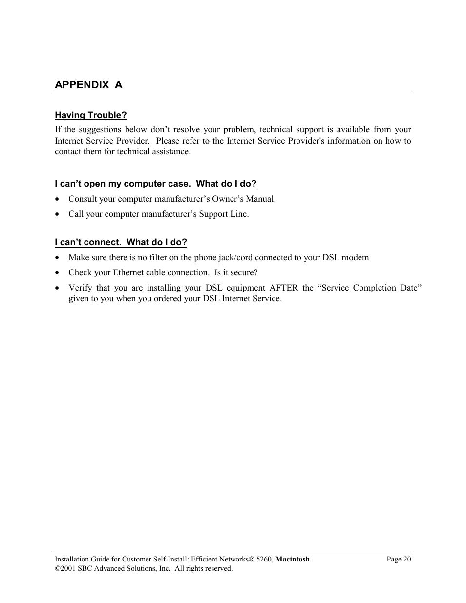 Appendix a | SBC comm Efficient Networks 5260 5260MC02A User Manual | Page 21 / 30