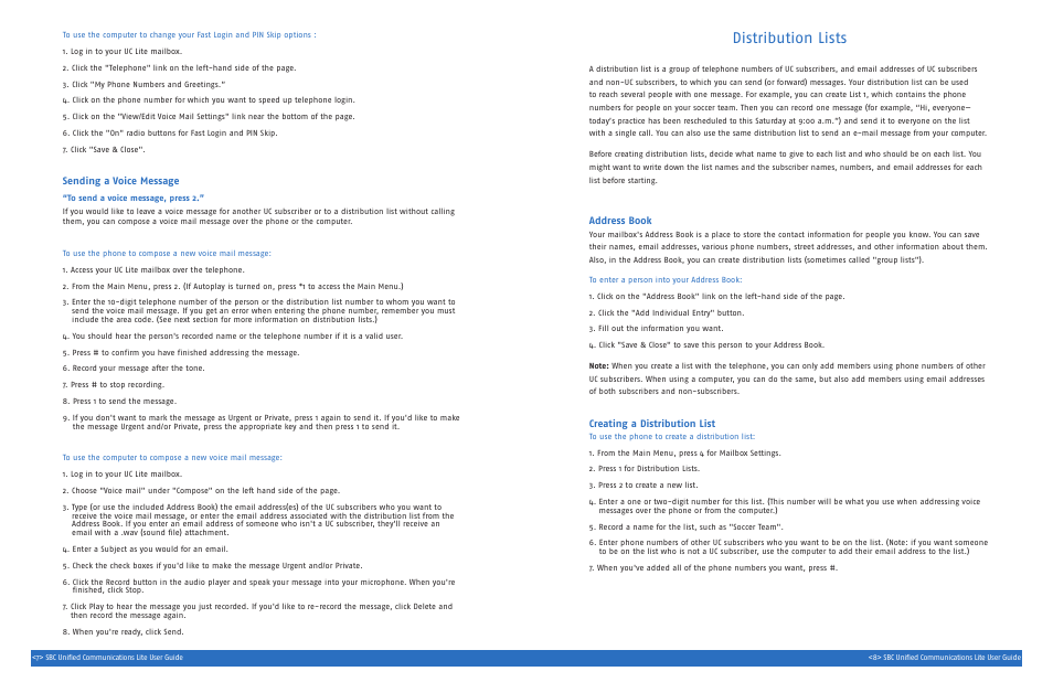Distribution lists, Sending a voice message, Address book | Creating a distribution list | SBC comm UNIFIED SGC00116-1 User Manual | Page 6 / 14