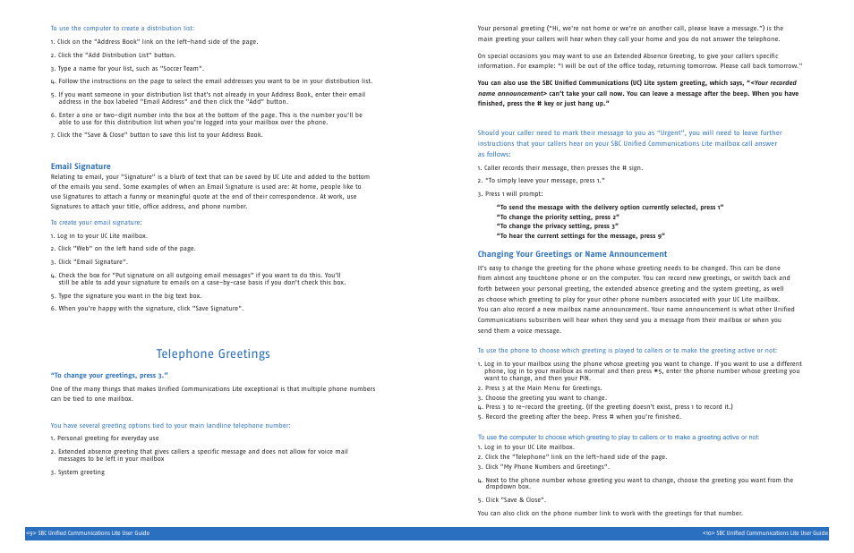 Telephone greetings, Email signature, Changing your greetings or name announcement | SBC comm UNIFIED SGC00116-1 User Manual | Page 7 / 14