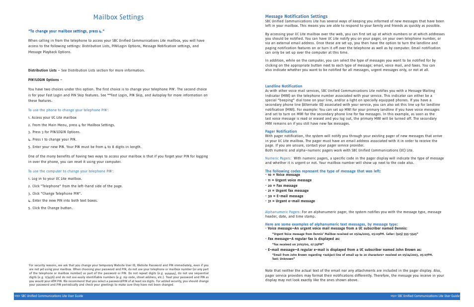 Mailbox settings, Message notification settings | SBC comm UNIFIED SGC00116-1 User Manual | Page 8 / 14