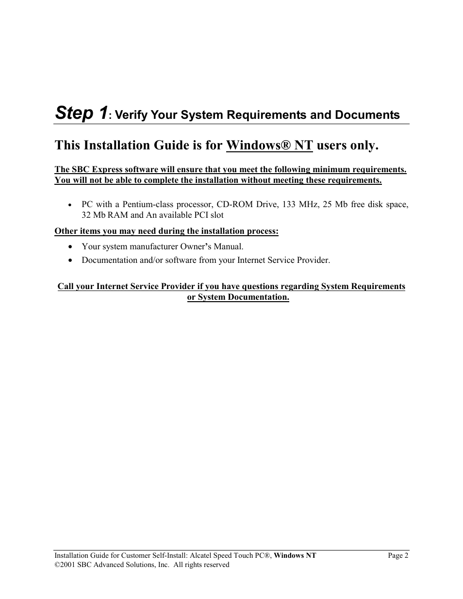 Step 1, Verify your system requirements and documents | SBC comm Alcatel Speed Touch PC AlcatelPCNT02A User Manual | Page 3 / 33
