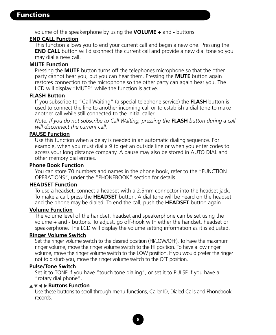 Functions | SBC comm SBC-125 User Manual | Page 10 / 20
