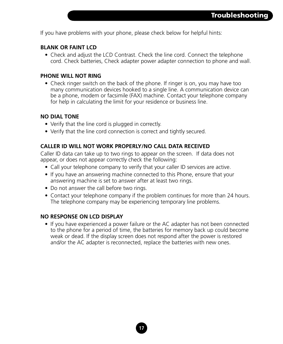 Troubleshooting | SBC comm SBC-125 User Manual | Page 19 / 20
