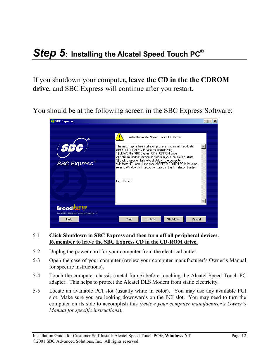 Step 5, Installing the alcatel speed touch pc | SBC comm PCNT02 User Manual | Page 13 / 32